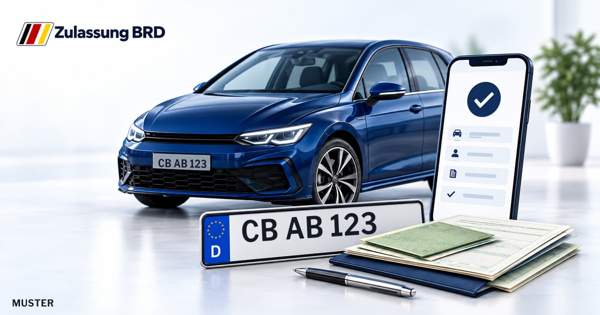 Online Fahrzeugzulassung in Cottbus: Musterkennzeichen CB AB 123, Auto und Fahrzeugpapiere und Smartphone. Illustration mit Logo von Zulassung BRD.